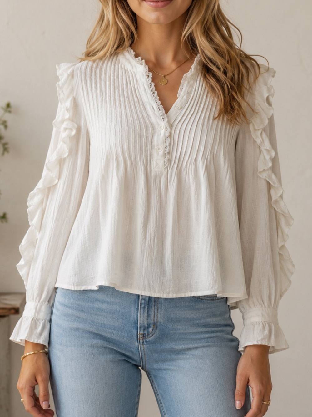 Mi Ami White Pintuck Ruffle Long Sleeve Blouse Boho Romantic Top Size S